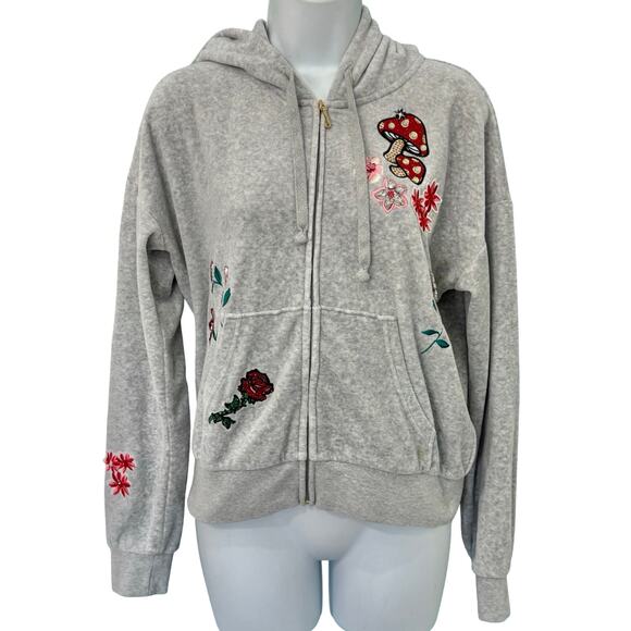 Juicy Couture Black Label Gray Bedazzled Mushroom Flower Zip Up Hoodie size S - Picture 1 of 10